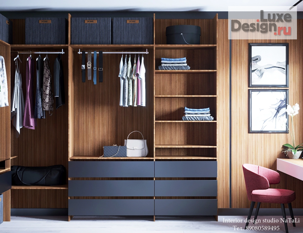 дизайн интерьера гардеробной "Гардеробная с окном и туалетным столиком. Из дизайн проекта частного дома. " (фото 3)