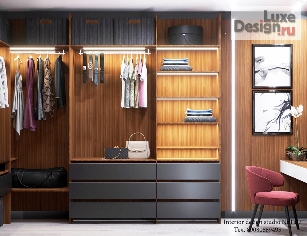 дизайн интерьера гардеробной "Гардеробная с окном и туалетным столиком. Из дизайн проекта частного дома. " (фото 1)