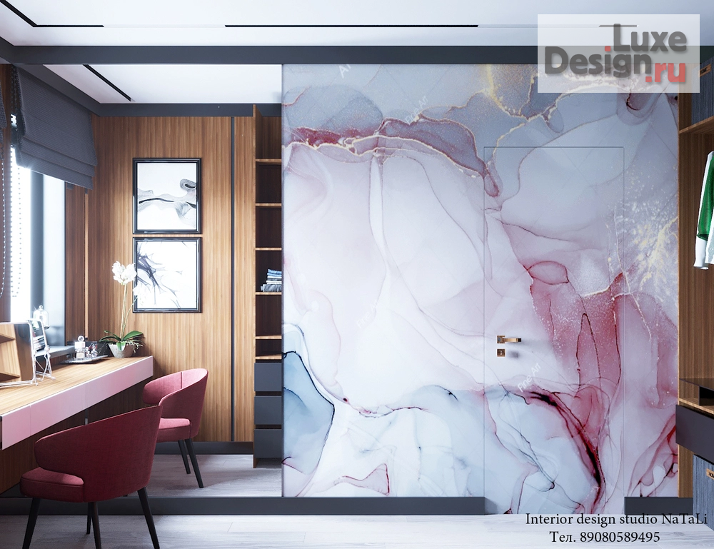 дизайн интерьера гардеробной "Гардеробная с окном и туалетным столиком. Из дизайн проекта частного дома. " (фото 2)