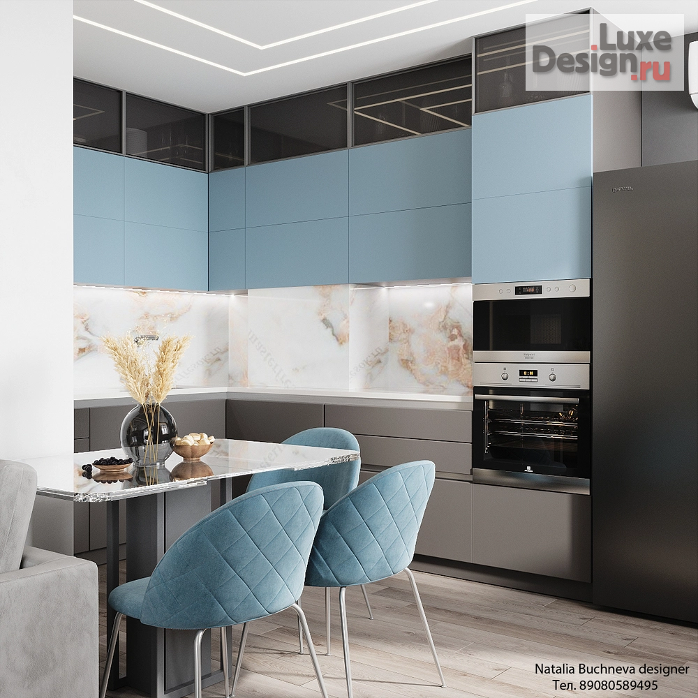 Дизайн интерьера квартиры студии "Современная кухня гостиная, в голубых оттенках" (фото 3) от дизайнера Бучнева Наталья Михайловна Дизайн интерьера квартиры студии "Современная кухня гостиная, в голубых оттенках" (фото 3)