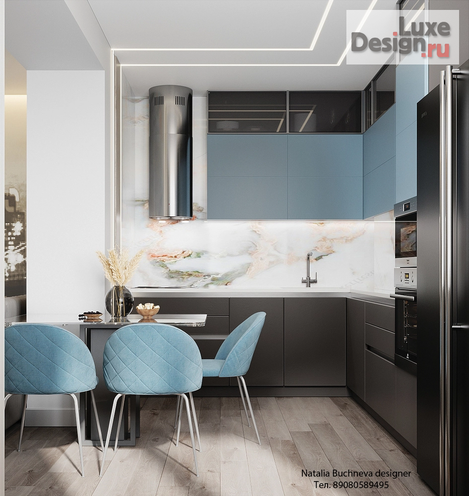 Дизайн интерьера квартиры студии "Современная кухня гостиная, в голубых оттенках" (фото 2) от дизайнера Бучнева Наталья Михайловна Дизайн интерьера квартиры студии "Современная кухня гостиная, в голубых оттенках" (фото 2)