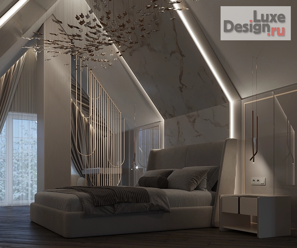 Дизайн интерьера загородного дома "Спальная комната с мансардными потолками" (фото 6)