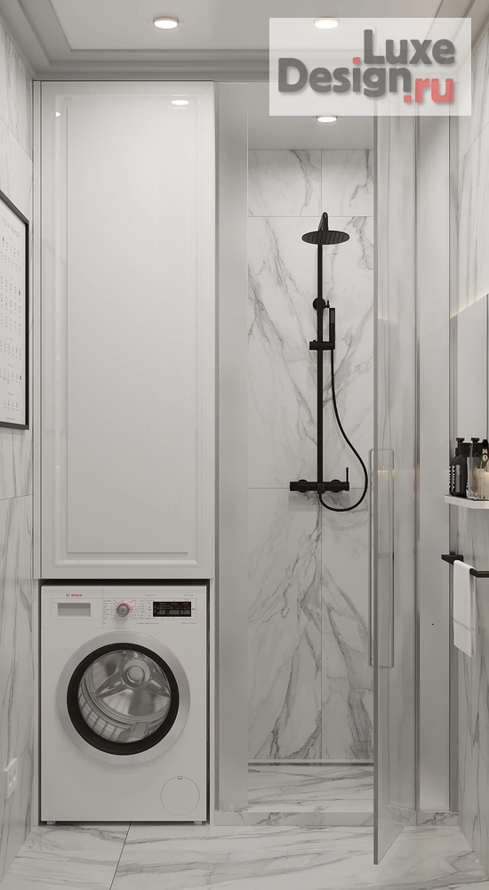 дизайн интерьера санузла "Санузел с душем. Керамогранит под мрамор" (фото 6)