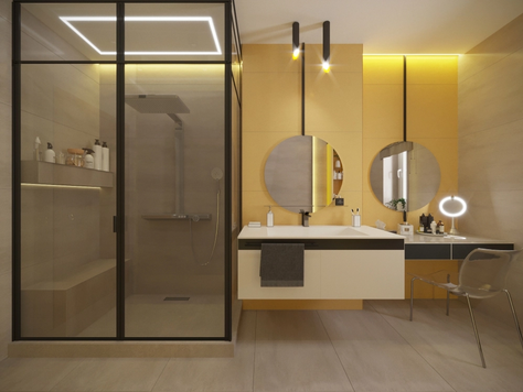 Дизайн интерьера в Челябинске "Смелая желтая ванная в большом доме для молодой семьи, г.Челябинск"