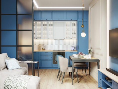 Дизайн интерьера кухни в Челябинске "Кухня-гостиная в синем цвете"