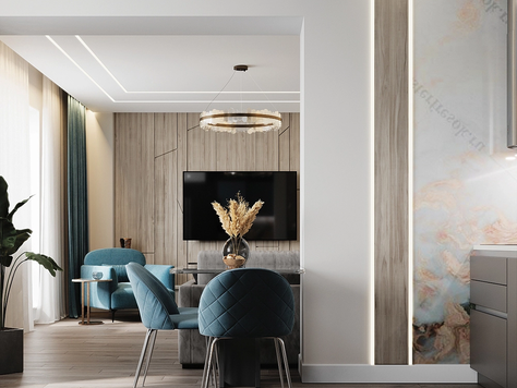 Дизайн интерьера квартиры-студии в Челябинске "Современная кухня гостиная, в голубых оттенках"