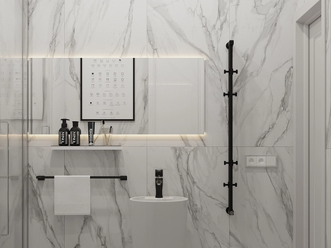 Дизайн интерьера в Челябинске "Санузел с душем. Керамогранит под мрамор"